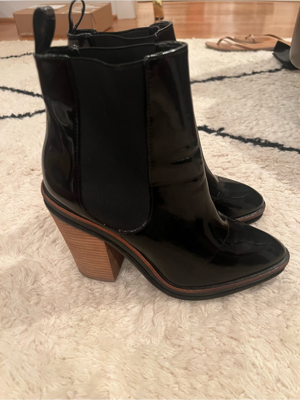 Women's Black Patent Chelsea Block Heel Ankle Boots